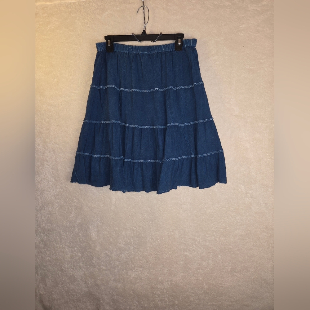 Vtg Just Cruising Womens Boho Midi Skirt Denim Blue Coquette Costal Cowgirl Sz R